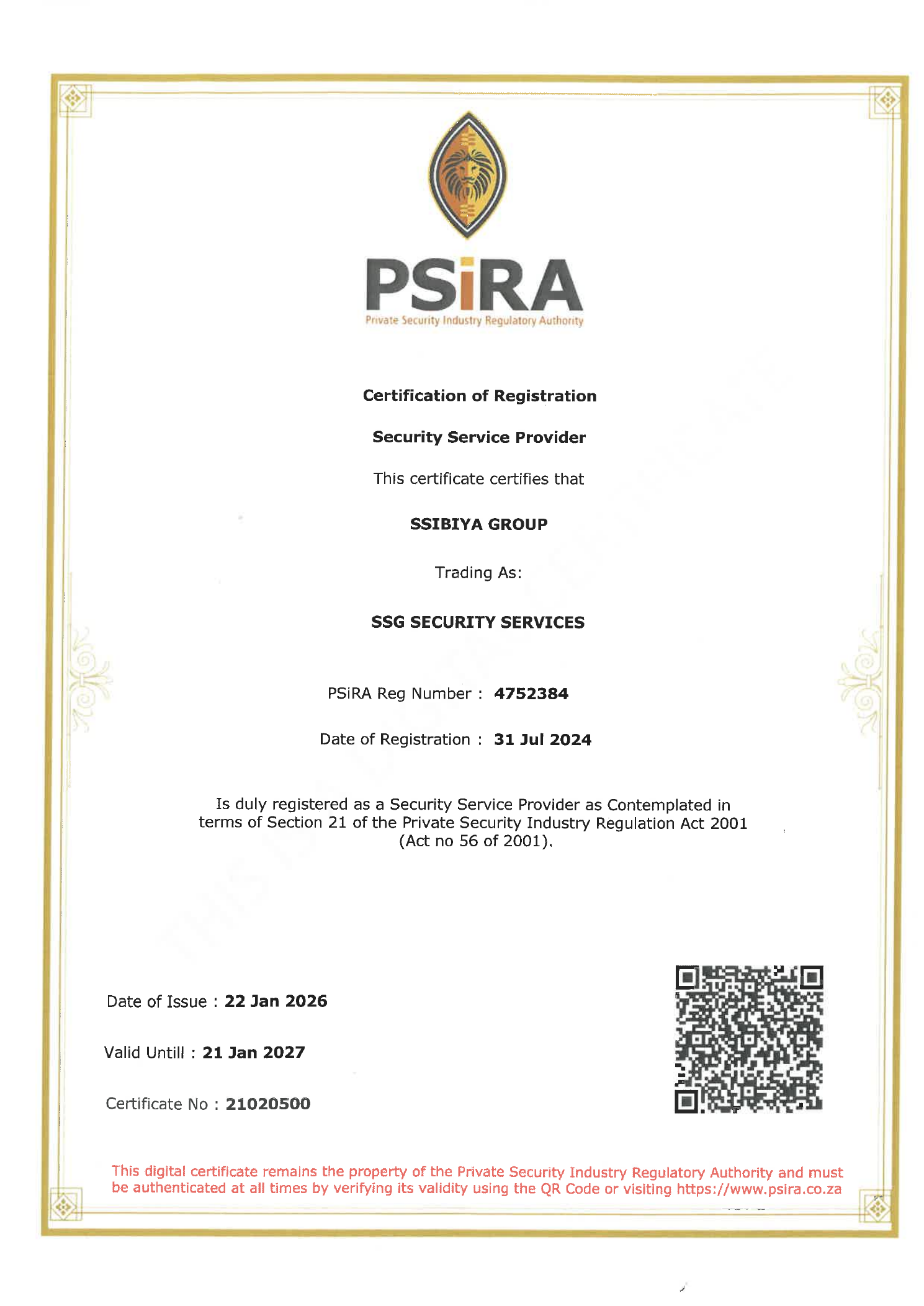SSG PSiRA certificate